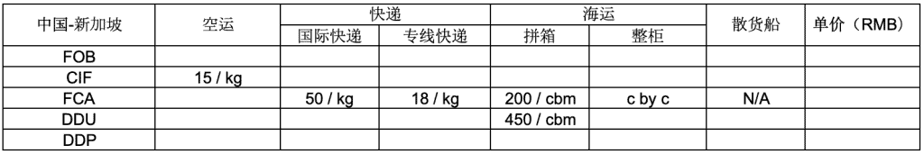 新加坡运输价格
